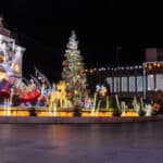 town square decorated for the holidays