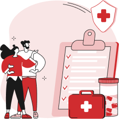 Illustration of two people looking at clipboard with health insurance info for addiction treatment